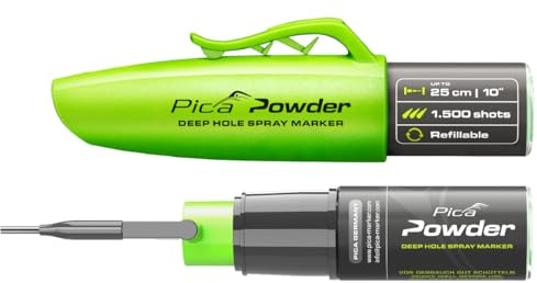 Pica Powder® Deep Hole Spray Marker PICA2020. Holes from 3mm & Marks Through Upto 25cm. High-Vis Green Chalk. Refills for Long-Term use-1500 Shots lifespan. 1 Handed Spray Action. 360° Spray Nozzle.