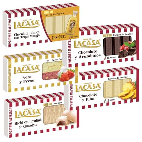 Pack Surtido 5 Turrones Lacasa:Blanco con Tequi Mango, Chocolate y Arándanos, Cacao y Piña, Nata y Fresa, Mochi con Praliné de Chocolate