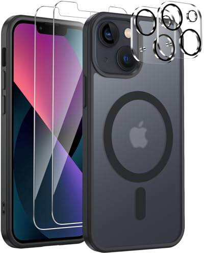 COPIKE Funda Magnética para iPhone 13 Mini con 2 Cristal Templado y 2 Protector Cámara, Compatible con MagSafe Carcasa Antigolpes Mate Translúcida Antihuellas Trasera, Negro