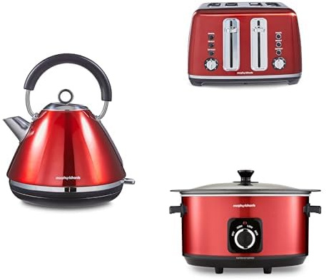Morphy Richards Accents Kitchen Bundle, 1.5L, 3KW Rapid Boil Pyramid Kettle, 4 Slice Toaster & Slow Cooker 6.5L, Easy Operation, Stylish Retro Design, Matching Set, Red, 102048 | 242048 | 461026