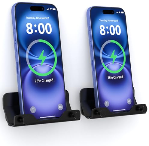 HomeMount Universal mobiltelefonväggfäste och stativ, självhäftande smartphone-hållare för vägg, bord och kök – kompatibel med mini iPads och mobiltelefoner (2 stycken) svart)
