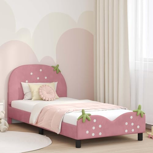 sephironlbb Barnsängsram med sänggavel, rosa sammet, 80 x 200 cm, robust enkelsäng för barnrum, inklusive ribbotten och förvaringsutrymme