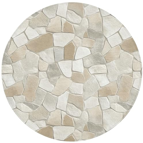 OnlyWow© Badematte 70x70 cm Badezimmerteppich Rund Badezimmer Badteppich Duschvorleger Badematten Teppich Badvorleger rutschfest Waschbar Mosaik - Steine - Beige
