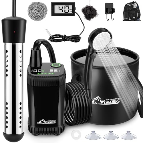 WADEO Tragbare Campingdusche akku 6000 mAh mit Pumpe Tauchsieder und 20l-Wasserbehälter, wasserdichte Campingpumpe Outdoor-Duschset mit Heizfunktion für Wandern Reisen Garten Autowäsche Notfälle