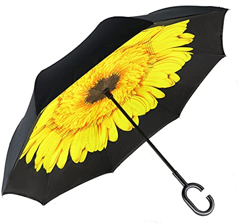MRTLLOA 40/49/56 Inch Oversize Windproof Inverted Reverse Upside Down Umbrella, Golf Size Rain Umbrella, Double Layer, C-Shaped Handle for Men, Women and Kids (Sunflower, 49 Inch)