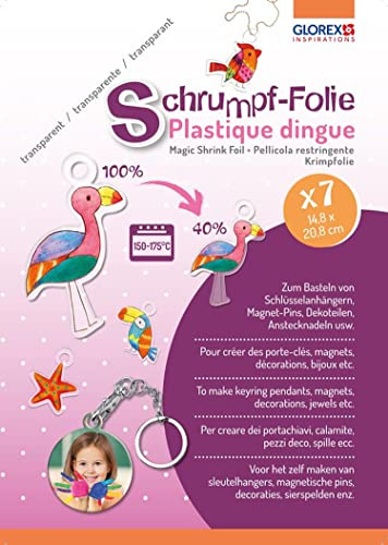 GLOREX 6 1230 702 - Schrumpffolie in A5, Set mit 7 Bogen in Transparent, zum Gestalten von individuellen Anhängern und Pins