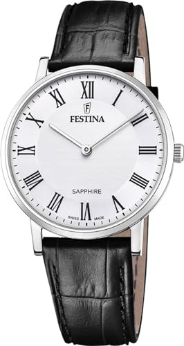 Festina Swiss Made Herrenuhr Analog aus Leder Schwarz | Quarzwerk, Widerstandsfähiges Saphirglas, Wasserdicht 5 ATM Elegant F20012/2 Classic Leather