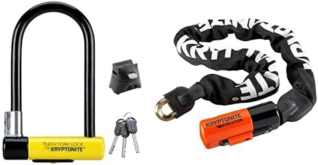 Kryptonite New York Lock Standard, Verrou de vélo, Noir/Jaune, 10 x 20 cm & Evolution 1090 Chaine antivol Adulte Unisexe, Orange, 90 cm