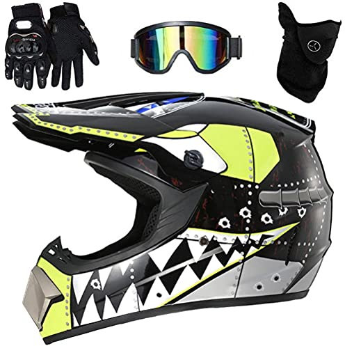 HUSHUI Casco de Motocross,Casco de Motocicleta de Cara Completa, Bicicleta de Tierra eléctrica, Motocicleta/Casco de Bicicleta de montaña con Gafas, Guantes, Protector Facial para Adultos