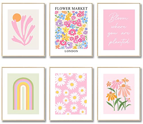 Blumenmarkt Wandkunstdrucke Poster für Zimmer Ästhetik, Boho Pink Raumdekoration für Teenager Mädchen, Gänseblümchen Bilder für Schlafzimmer Wanddekoration, Wohnheim, Raumdekoration