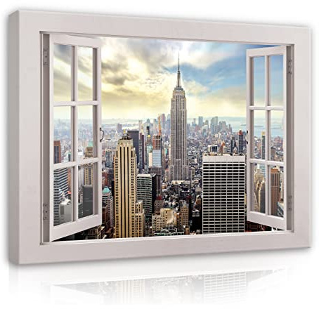 WallArena Leinwand Bilder 80x60 cm | Fenster Fensterbilck New York Stadt, Leinwandbilder, Bild auf leinwand, Format: 80x60 cm (BxH) - einteilig auf