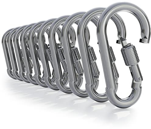 FLAGLY Schraubkarabiner groß 100x10 mm Stahl verzinkt, Silber - 10 Stück - Industriequalität ähnlich DIN 5299 Form: C, Tragkraft = 170 kg; Bruchlast = 340 kg, Karabiner Schraubverschluss