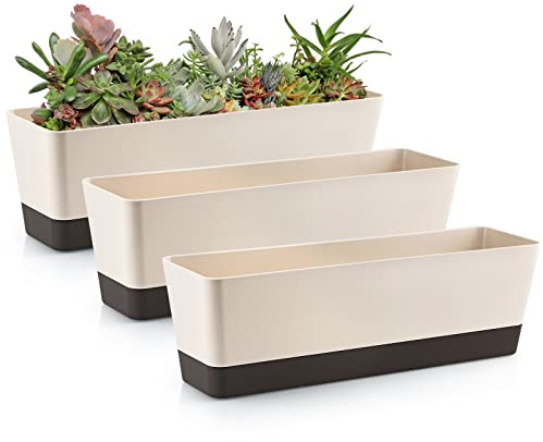 Skelang 3 Pcs 42.5cm Rectangle Flower Pot, Succulent Planter with Drainage Holes and Tray, Vegetable Long Trough Container for Windowsills, Balconies, Tables (Coffee)