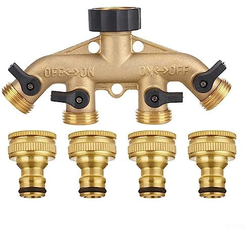 QOXEZY 4 Way Garden Hose Splitter,3/4inch Brass Tap Connector with Shut Off Valves Heavy Duty Garden Hose Splitter Hose Pipe Splitter Nozzle for Garden Irrigation