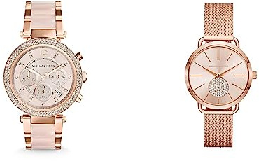 Michael Kors Montre pour Femme Parker, Mouvement Chronographe, Boîtier en Acier Inoxydable Or Rose de 39 mm & Montre pour Femme Portia, Mouvement à Deux Aiguilles, Or Rose de 36 mm