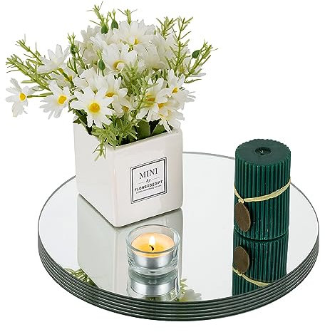 NUPTIO Vassoio Rotondo per Candele A Specchio: 6 Pezzi Portacandele per Candele A Pilastro Portacandele 25cm Vassoi di Vetro Cerchio Specchio Piastra 2mm Specchio Candele Piastre Matrimonio