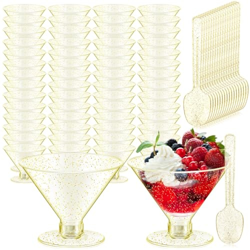 Yinkin 100 Cups and 100 Spoons Plastic Martini Glasses Disposable Cocktail Glasses Mini Martini Plastic Cups Dessert PVC Shot Unbreakable with Spoons for Weddings Party Wine Food (Glitter Gold,5 oz)