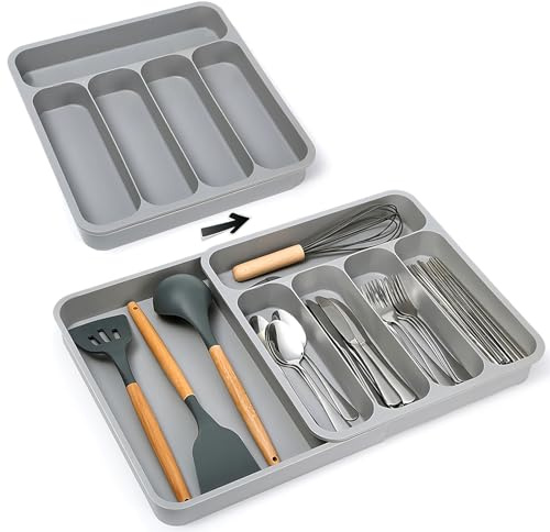 Brelet Kitchen Drawer Organiser,Cutlery Drawer Organiser,Large Cutlery Drawer Organiser,6 Compartment Extendable Cutlery Tray,for Storing Small Items Such as Knives, Forks and Spoons (Grey)
