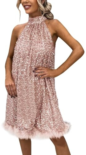 Glitzer Kleid Damen Kurz Glitzerkleid Abendkleid Paillettenkleid Frauen Party Pailletten hängenden Hals Mode Kleid Lace-up ärmelloses Kleid