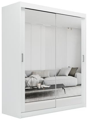 ELUKS SKY Double Sliding Doors Wardrobe with Mirror Drawers Furniture for Bedroom Living Room and Hall Wardrobe Organizer Width 100cm/120cm/150cm/180cm/200cm (White, 100cm)