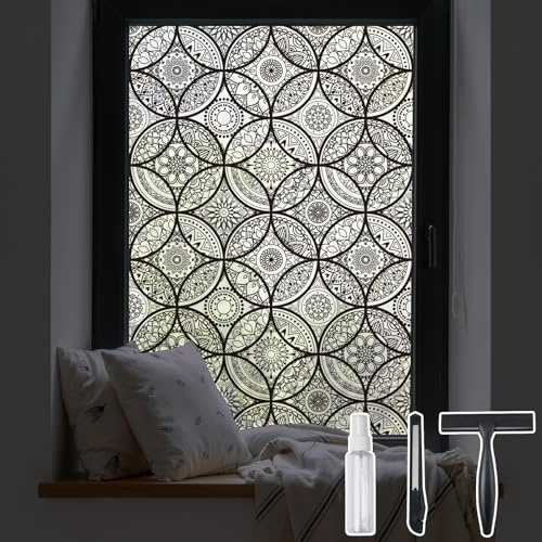 DKTIE Boho Stained Glass Look Window Privacy Film with Installation Tools, Decorative Frosted Glass Window Film Static Cling No Glue Removable, Pure Black, 17.7 x 118.1