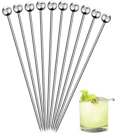 UEAVOID Palillos de Cóctel Acero Inoxidable, 10 unidades Reutilizables, Brochetas de Fruta Barbacoa (Plata)