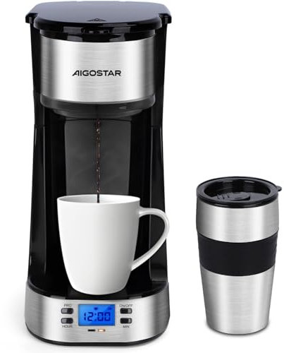 Aigostar Coffey - Kaffeemaschine mit Thermobecher, 420 ml Filterkaffeemaschine Mit 24h-Timer, LCD-Anzeige, AutoClean-Funktion, Tragbare klein Kaffeemaschine für gemahlenen Kaffee, 700W, Schwarz