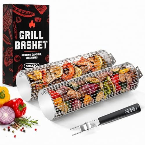 SHIZZO Rollgrillkorb, Stabiler Zylindergrill, Lebensmittelechter Edelstahl, Großer Tragbarer Grillnetzständer Für Camping Im Freien, Kochgriller Für Fisch, 2Er-Set