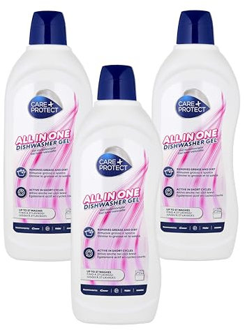 CARE + PROTECTGel per Lavastoviglie Tutto in Uno: Sgrassante, Brillantante, Sale, Neutralizzatore di Odori. Extra Potente su Grassi e Sporco, Attivo nei Cicli Brevi. Confezione 3x 750 ml
