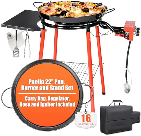 22 Inch Paella Pan Set, Paella Burner and Stand Set with lid,Paellera, Enameled Steel Paella Kit with Carry Bag,Built-In Ignitor Regulator Hose, 20 Servings