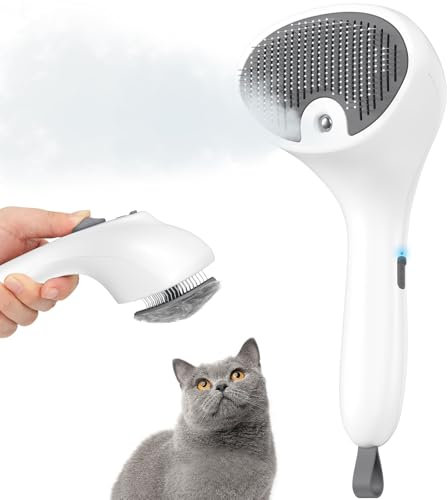 Euqvunn Spazzola a Vapore per Gatti e Cani con Pulsante di Rilascio, [Design Ultra-Silenzioso/Manico Ergonomico] Spazzola a Vapore Ricaricabile per Animali Domestici,Spazzola per Gatti, Cani Conigli