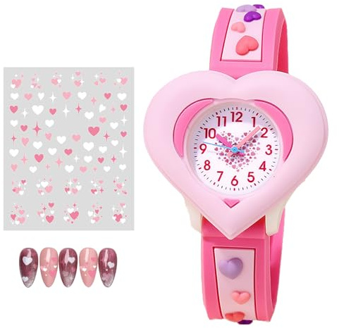 Vspek Montre Enfant Numérique 3D Forme de Coeur Montre Rose Mouvement à Quartz Adorable Montre avec Stickers Ongles pour Enfants Fille Cadeau pour Filles de 3 Ans à 10 Ans Fête des Enfant Pâques Noël