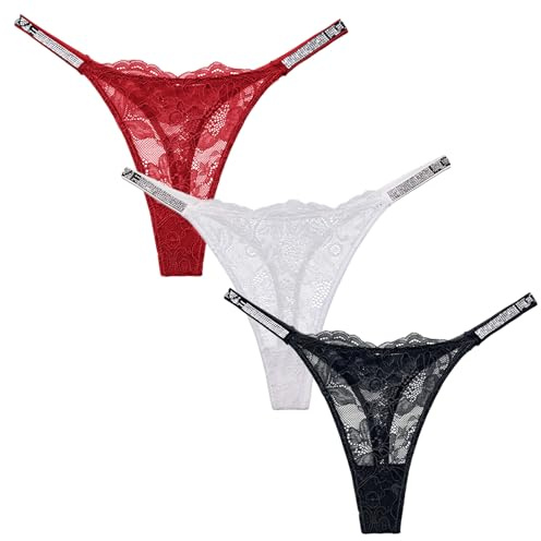 Maeau 3er Pack String Spitze Sexy Tanga Niedrig Taille Unterhosen Sparkle Strass Spitzenslips Transparent Dünn T-Hosen Mehrpack Stretch Lingerie Thong EU XS (Asie S)