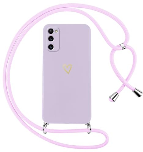 Oelrstfe Handyband für Samsung Galaxy S20 Hülle mit Band Herz Motiv Handyhülle für zum Umhängen Silikon Stoßfest Ultra Dünn Weich Schutzhülle mit Kordel Necklace Kette Love Muster Case,Lila