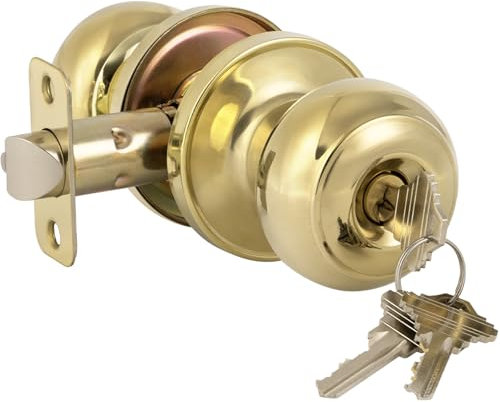 HOSOM Türknauf mit Schloss und Schlüssel, poliertes Messing, Schlüssel-Türknauf, Außen- und Innentürschloss für Haustür, Eingangstürgriff für Schlafzimmer und Badezimmer, Gold