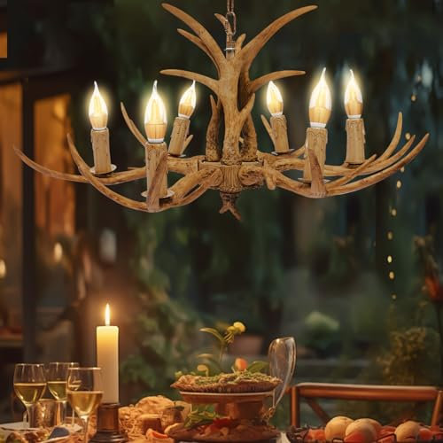 Esyogen 6 Flammig Hirschgeweih Lampe Kronleuchter Harz Deckenleuchte Kronleuchter Geweihlampe Pendelleuchte Retro Hirsch Geweih Deckenleuchter