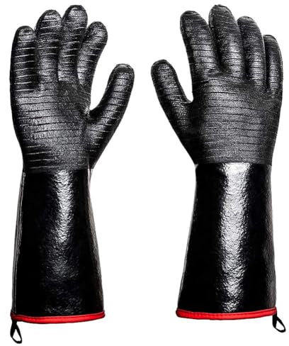 Huudngeje 2 Stück BBQ-Handschuhe - 1472°F Hitzebeständige Handschuhe mit S-Haken Schwarz Neopren wasserdichte Grillhandschuhe
