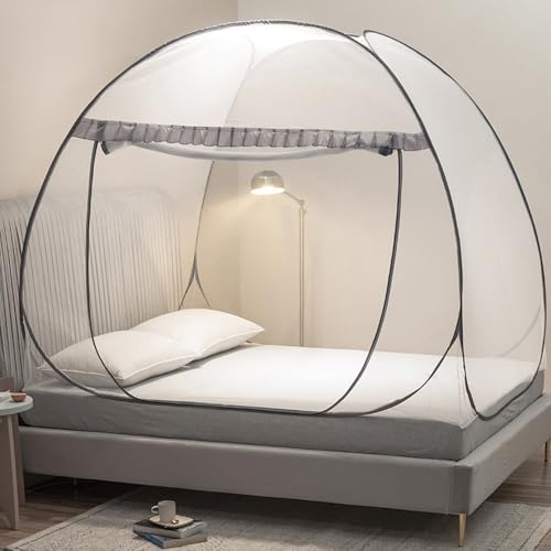 Pop Up Mosquito Net Tent for Beds with Bottom,Bed Canopy Portable Foldable Mosquito Netting for Bedroom and Outdoor Trip (Gray Style, Single)