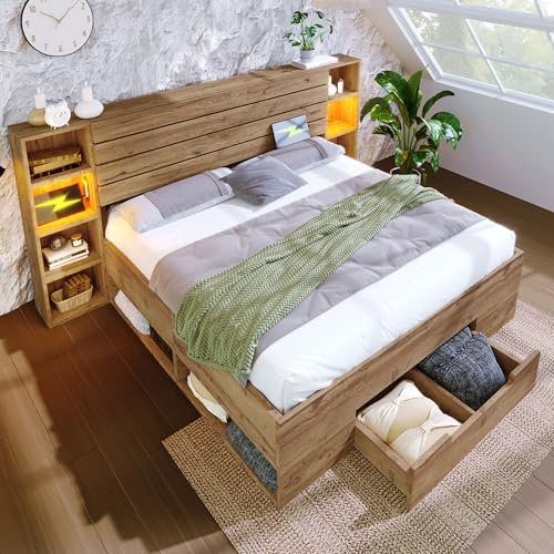 Gegtuon Doppelbett Bett 160x200 mit LED-Licht & USB-Buchse, Holzbett Stauraumbett mit Stauraum und Schubladen, Jugendbett Funktionsbett Bettgestell mit Lattenrost aus Holz, ohne Matratze, Eiche