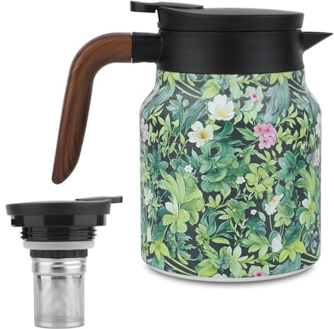 Teiera con Motivo Floreale Vintage, Fiaschetta da Tè Isolata Infusore Incorporato Teiera in Acciaio Inossidabile da 1 Litro con Manico in Legno per Ufficio Casa Cucina (Verde, 1000 ml)