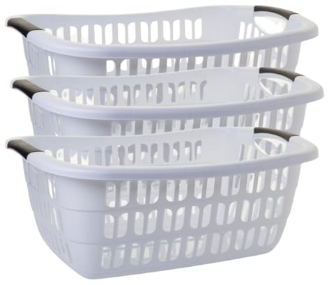 Wäschekorb Plastik 3er Set Weiß 30L | Wäschewanne Groß | Wäschekörbe aus Kunststoff Weiß Stapelbar | 55x37x20cm | Rutschfest | Made in EU