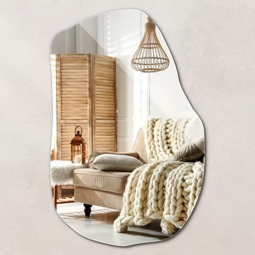 Wallfluent Glas Spiegel Asymmetrische 90x58,5 cm Wellige Form Einzigartig Glatte Kanten Ohne Rahmen Ästhetik Organischer Aspekt Industrial-Stil Wandspiegel Hängend Wanddekoration