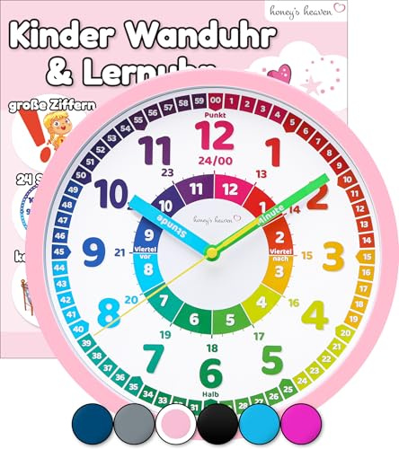 Honey's Heaven Wanduhr für Kinder - Lernuhr zum Lernen der Uhrzeit - analoge Kinderuhr ohne Tick Geräusche, mit lautlosem Uhrwerk - Kinderzimmer Deko für Jungen und Mädchen (Rosa)
