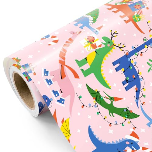 RUSPEPA Weihnachtsgeschenkpapier mit Dinosauriermotiv – Mini-Rolle – 43,2 cm x 5 m – Lustiges Dinosaurier-Geschenkpapier mit Cartoon-Motiv für Weihnachten, Partys und Feiern
