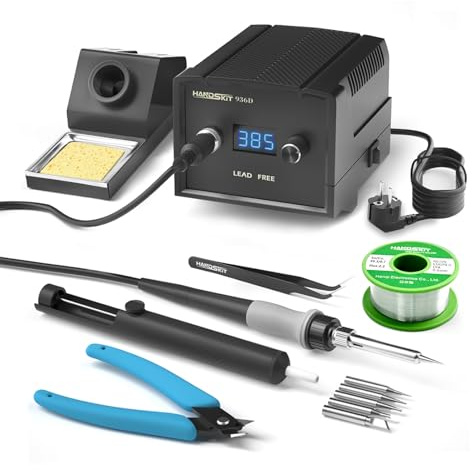 HANDSKIT 936D 60W Lötstation 180-480°C Lötkolben Set LED mit 50g Bleifreier Lötdraht, 5 Lötspitzen, Entlötpumpe, Lötkolbenständer, Seitenschneider, ESD-sichere Pinzette – Für Elektronik & Reparatur