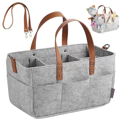 Filztasche Einkaufskorb - 16L Filztaschen Einkaufstasche Fächern und Schultergurt, Filztasche Einkaufskorb, FilztascheStorage Faltbar, Robust für Outdoor Picknick Einkaufen Windel Organizer 35x15x18cm