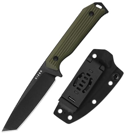 Kizer Begleiter Fix Couteau à Lame Fixe, Lame Tanto AEB-L de 3,74 pouces, Couteaux de Camping avec Étui Kydex, Manche G10 Vert, Couteau EDC pour Camping et Survie 1045MT2