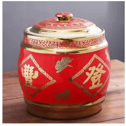 MDLOCJHF Reisspender Reiseimer aus Keramik mit Deckel, chinesischer versiegelter Reiszylinder-Lebensmittelbehälter for Reis, Mehl, Tiernahrung Müslispender(Rosso,5kg)