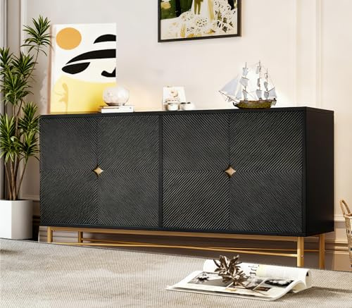 raigya Meuble TV 160 cm, Buffet Salle à Manger, Commode 4 Portes à Fermeture Douce, Rangement, poignées dorées, Pieds laqués Brillants, Design Moderne pour Salon et entrée, Noir