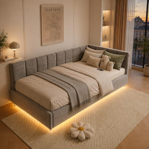 Polsterbett Schlafsofa 90x200 mit LED, jugendbett 90x200 mit stauraum, Polsterbett Tagesbett Einzelbett, Jugendbett Tagesbett mit USB, Gästebett, Ohne Matratze, grau